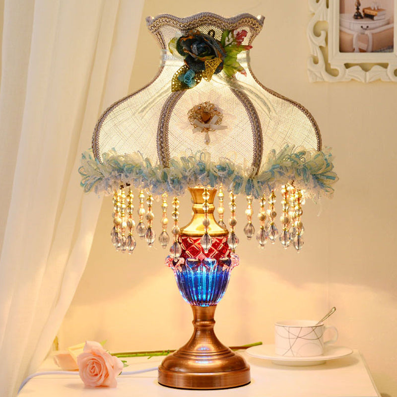 Light Blue Scalloped Table Light European 1 Bulb Fabric Lace Night Lamp with Drape and Crystal Accent Light Blue Clearhalo 'Lamps' 'Table Lamps' Lighting' 809646