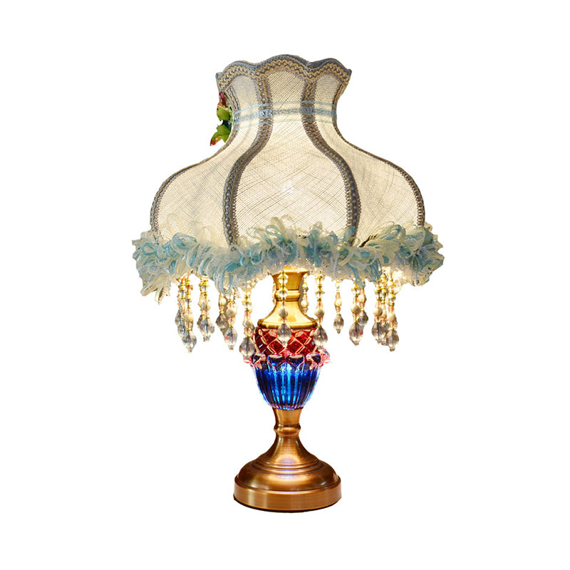 Light Blue Scalloped Table Light European 1 Bulb Fabric Lace Night Lamp with Drape and Crystal Accent Clearhalo 'Lamps' 'Table Lamps' Lighting' 809648