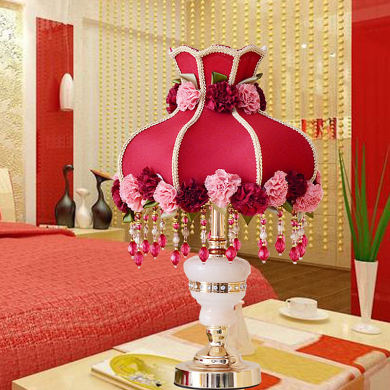 Pastoral 1 Head Night Table Lamp Red Scalloped Nightstand Light with Fabric Shade and Flower Decor Red Clearhalo 'Lamps' 'Table Lamps' Lighting' 809654