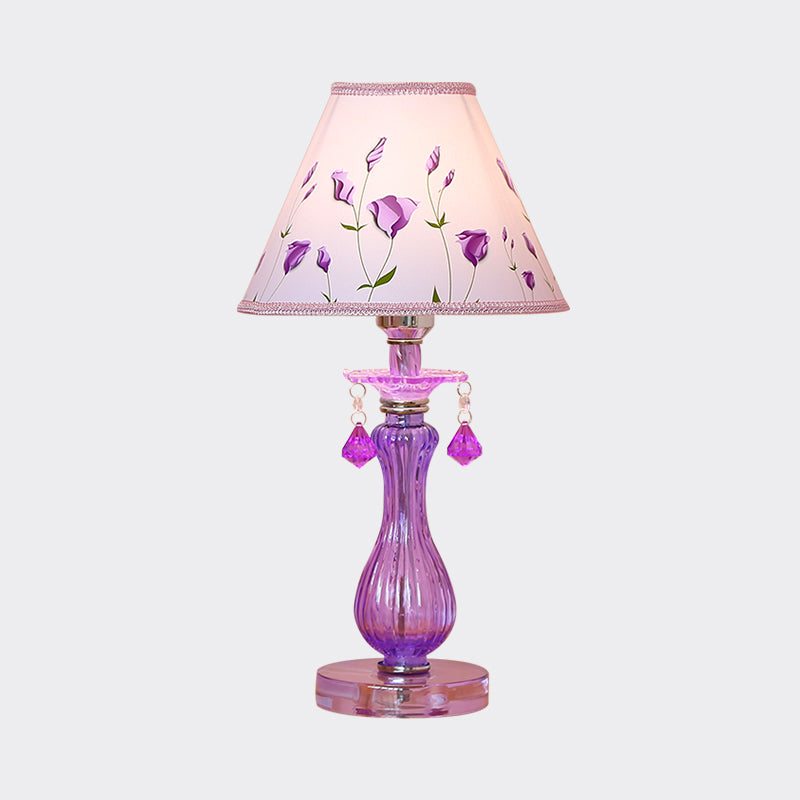 Romantic Pastoral 1 Light Night Lamp Purple Cone/Scalloped Nightstand Light with Fabric Shade and Crystal Accent Clearhalo 'Lamps' 'Table Lamps' Lighting' 809668