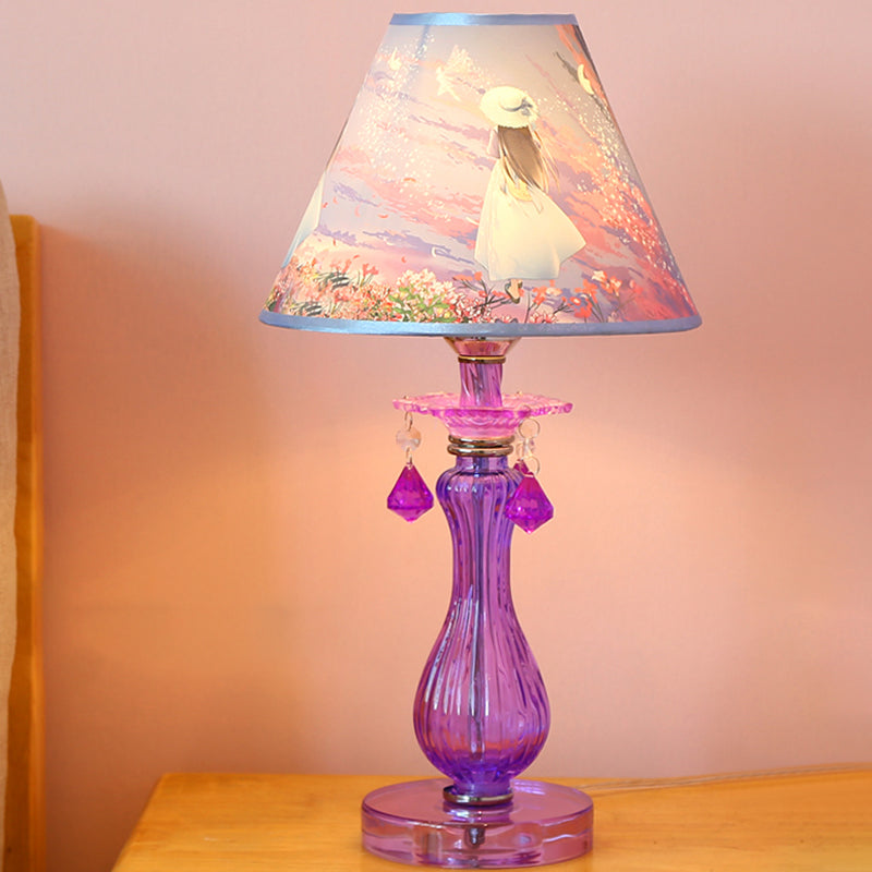 Romantic Pastoral 1 Light Night Lamp Purple Cone/Scalloped Nightstand Light with Fabric Shade and Crystal Accent Purple B Clearhalo 'Lamps' 'Table Lamps' Lighting' 809670