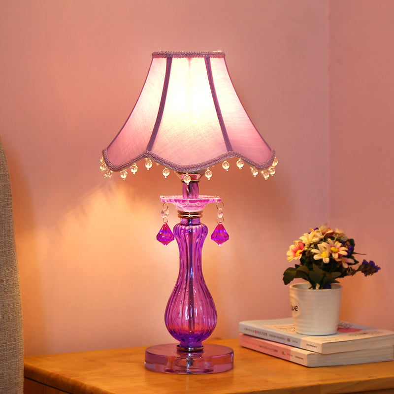 Romantic Pastoral 1 Light Night Lamp Purple Cone/Scalloped Nightstand Light with Fabric Shade and Crystal Accent Purple C Clearhalo 'Lamps' 'Table Lamps' Lighting' 809674