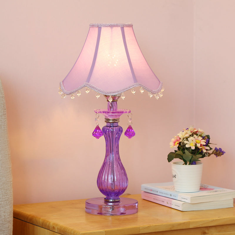 Romantic Pastoral 1 Light Night Lamp Purple Cone/Scalloped Nightstand Light with Fabric Shade and Crystal Accent Clearhalo 'Lamps' 'Table Lamps' Lighting' 809676