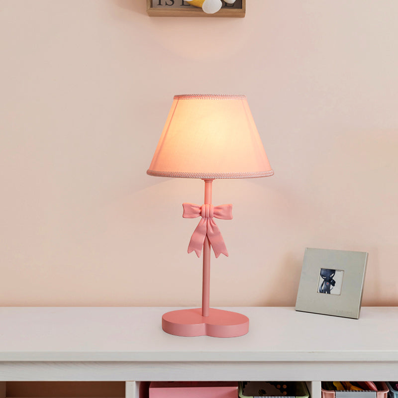 Conical Fabric Night Table Lighting Kids 1-Bulb Pink Nightstand Light with Bow Decoration Clearhalo 'Lamps' 'Table Lamps' Lighting' 809683
