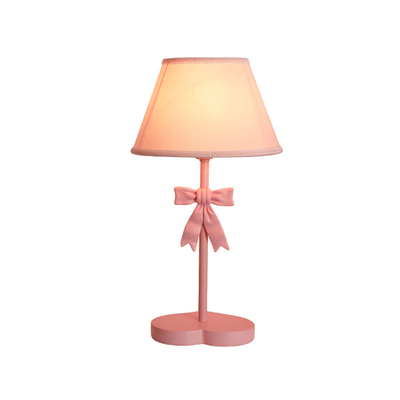 Conical Fabric Night Table Lighting Kids 1-Bulb Pink Nightstand Light with Bow Decoration Clearhalo 'Lamps' 'Table Lamps' Lighting' 809684