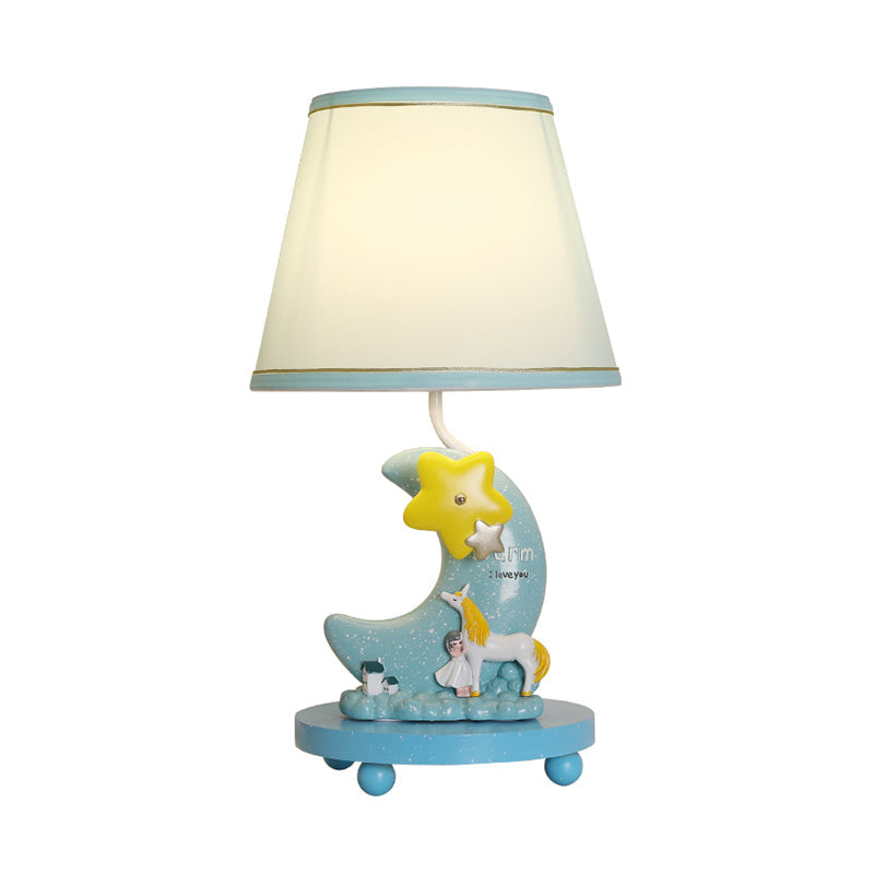 Fabric Cone Night Table Lamp Cartoon 1-Head Blue Nightstand Lighting with Moon and Star Base Clearhalo 'Lamps' 'Table Lamps' Lighting' 809688