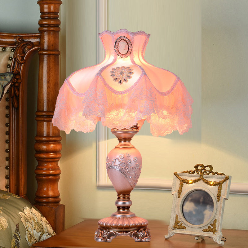 Korean Flower Vase Table Light Resin 1 Bulb Living Room Nightstand Lamp in Pink with Lace Trim Pink Clearhalo 'Lamps' 'Table Lamps' Lighting' 809710