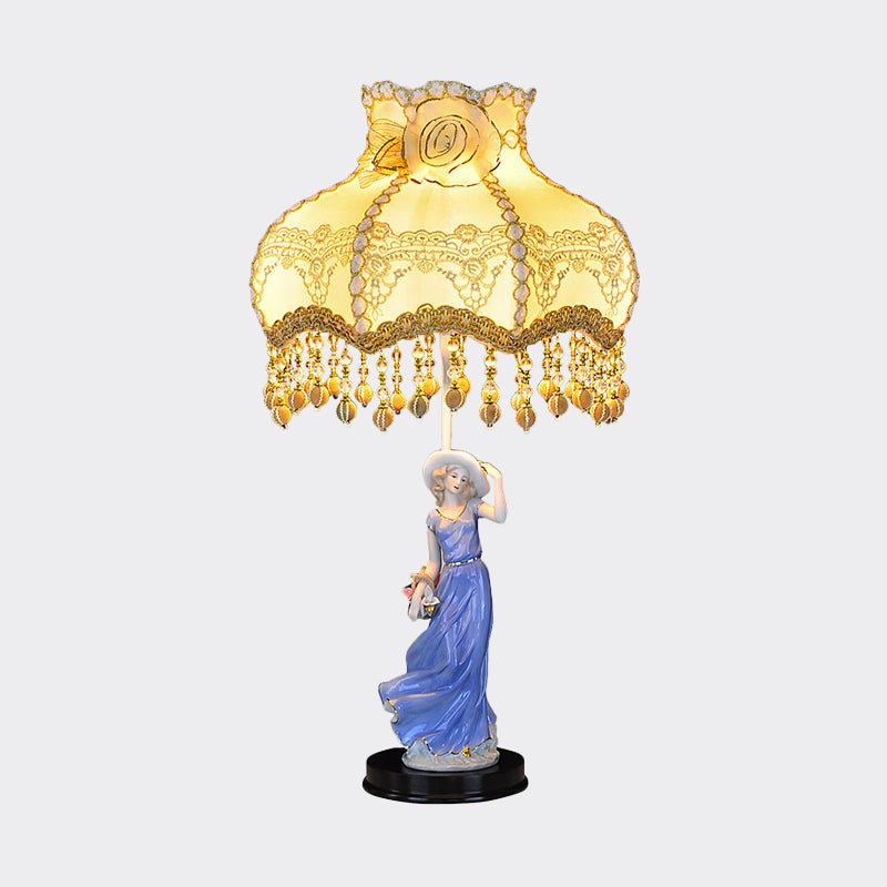 Ceramic Woman Night Light Pastoral 1 Bulb Beige Table Lamp with Scalloped Fabric Shade Clearhalo 'Lamps' 'Table Lamps' Lighting' 809760