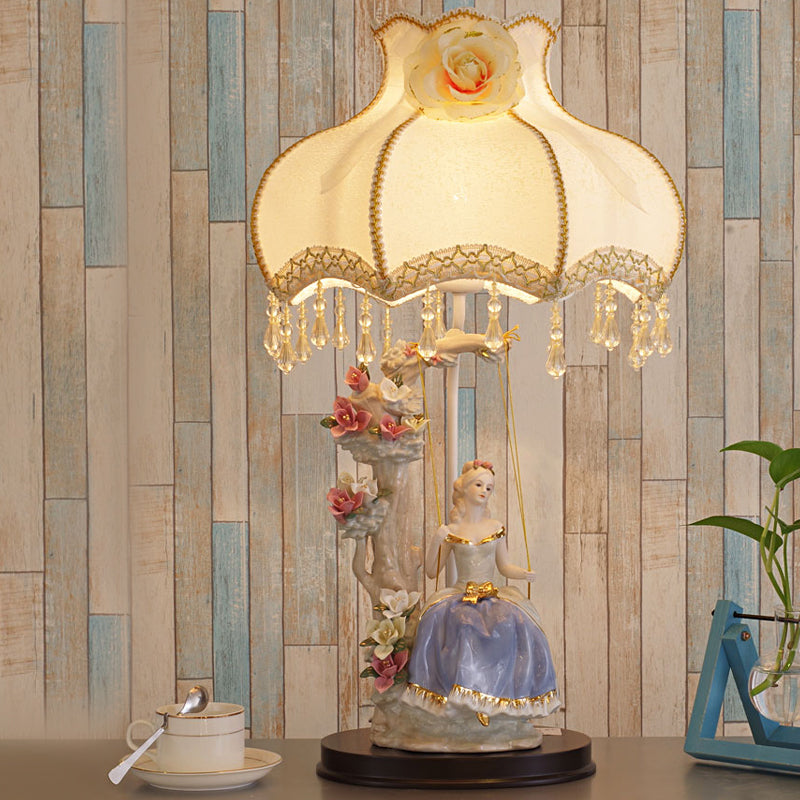 Romantic Pastoral Scalloped Night Lamp Fabric 1 Bulb Bedroom Table Light in Beige with Ceramic Figure Design Beige Clearhalo 'Lamps' 'Table Lamps' Lighting' 809762