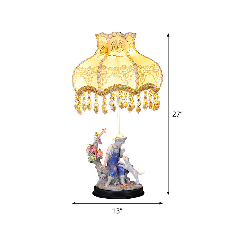 Beige Ruffle Edge Nightstand Lamp Pastoral 1 Light Fabric Night Light with Ceramic Boy and Dog Clearhalo 'Lamps' 'Table Lamps' Lighting' 809773