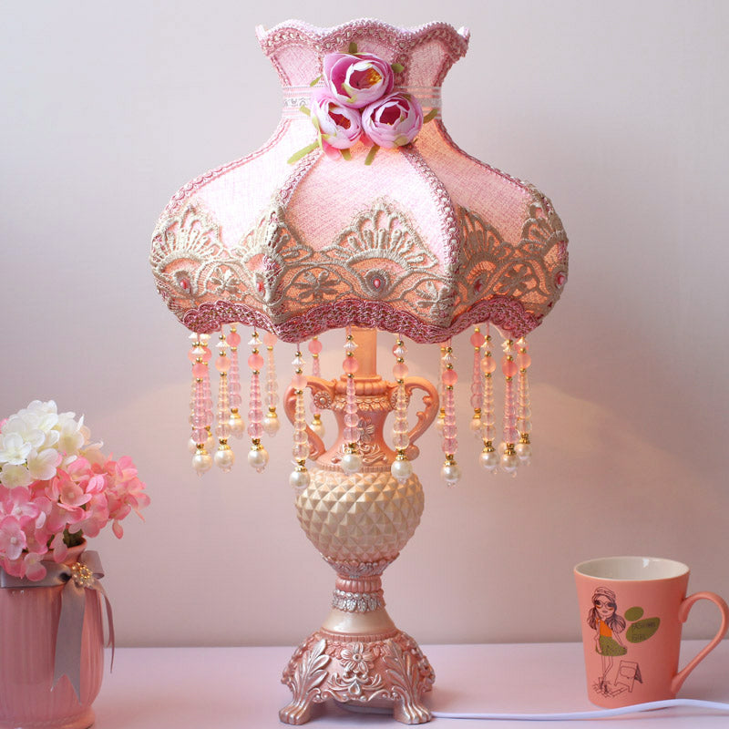 Beaded Nightstand Light Pastoral Fabric 1 Bulb Bedroom Table Lamp in Pink with Urn Resin Base Pink Clearhalo 'Lamps' 'Table Lamps' Lighting' 809810