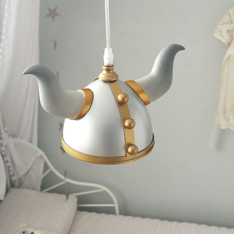 Ox Horn Helmet Hanging Light Fixture Nordic Metal Single Bulb Gray Pendant Lamp for Bedroom Clearhalo 'Ceiling Lights' 'Pendant Lights' 'Pendants' Lighting' 809855