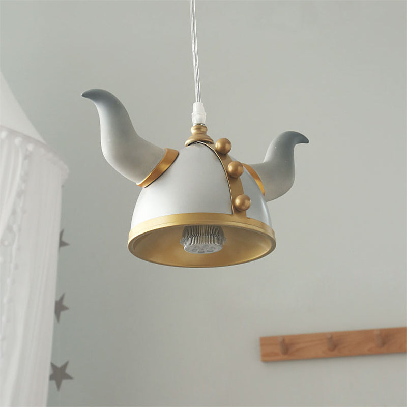 Ox Horn Helmet Hanging Light Fixture Nordic Metal Single Bulb Gray Pendant Lamp for Bedroom Clearhalo 'Ceiling Lights' 'Pendant Lights' 'Pendants' Lighting' 809856