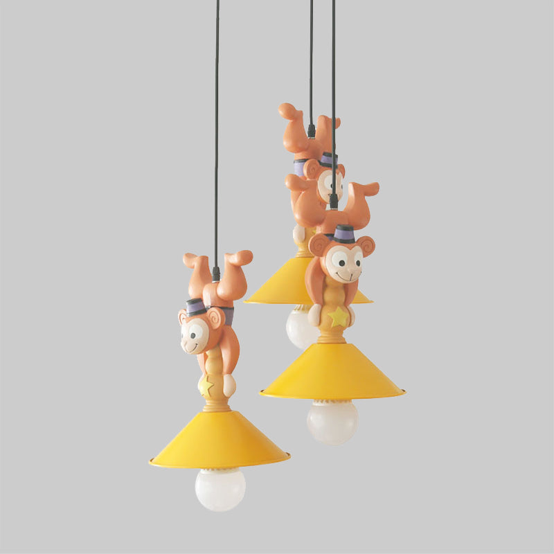 Kids Cartoon Monkey Ceiling Light Resin 1/3 Lamps Bedroom Hanging Pendant in Yellow with Cone Shade Clearhalo 'Ceiling Lights' 'Pendant Lights' 'Pendants' Lighting' 809866