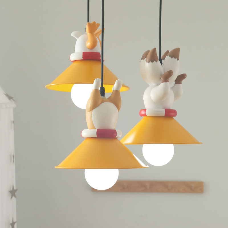 Metal Cone Multi Ceiling Light Cartoon 3 Bulbs Yellow Pendant Light Fixture with Animals Resin Deco Yellow Clearhalo 'Ceiling Lights' 'Pendant Lights' 'Pendants' Lighting' 809880_748eac88-385f-42b3-92ae-b449abc9cc67