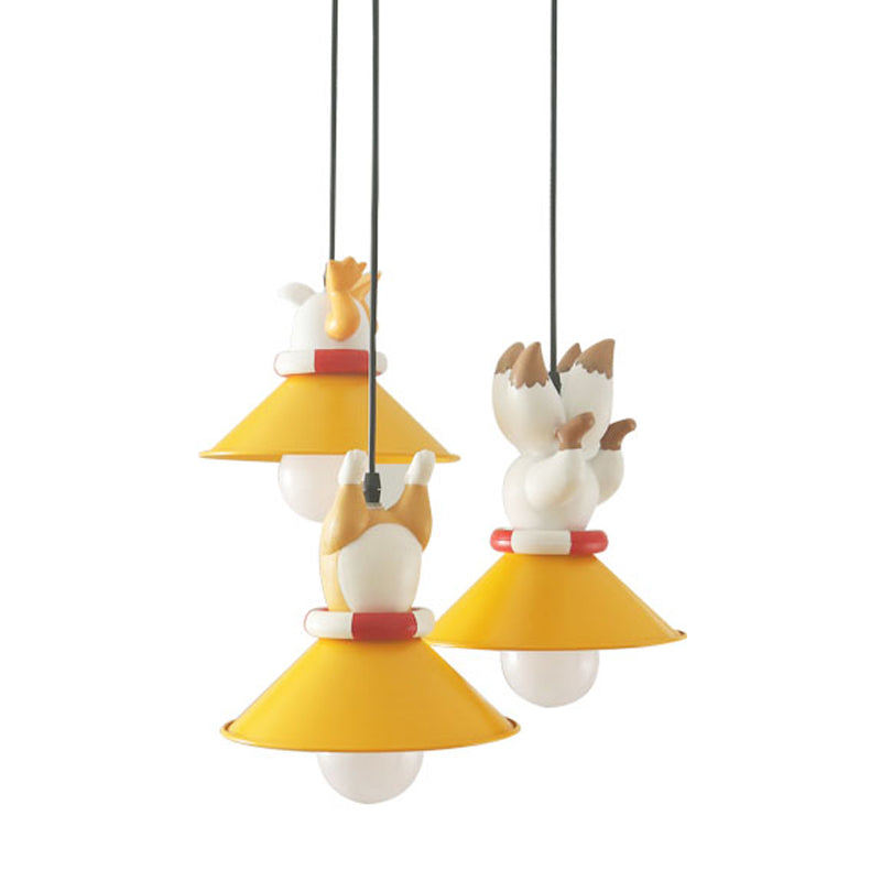 Metal Cone Multi Ceiling Light Cartoon 3 Bulbs Yellow Pendant Light Fixture with Animals Resin Deco Clearhalo 'Ceiling Lights' 'Pendant Lights' 'Pendants' Lighting' 809882