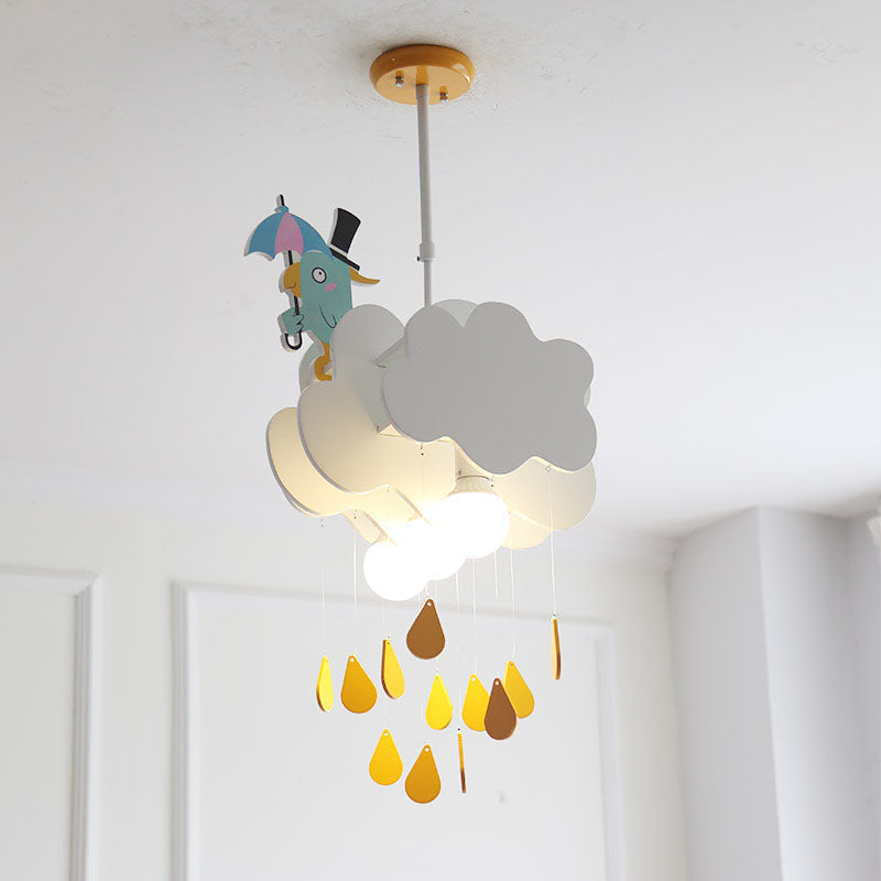 1 Head Bedroom Hanging Ceiling Light Kids White Pendant Light with Cloud and Birds Wood Shade Clearhalo 'Ceiling Lights' 'Pendant Lights' 'Pendants' Lighting' 809918