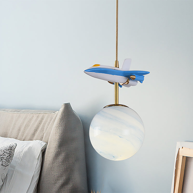 Airplane Ceiling Pendant Light Kids Metal 1 Light White/Blue Suspension Light for Bedroom Clearhalo 'Ceiling Lights' 'Pendant Lights' 'Pendants' Lighting' 809936