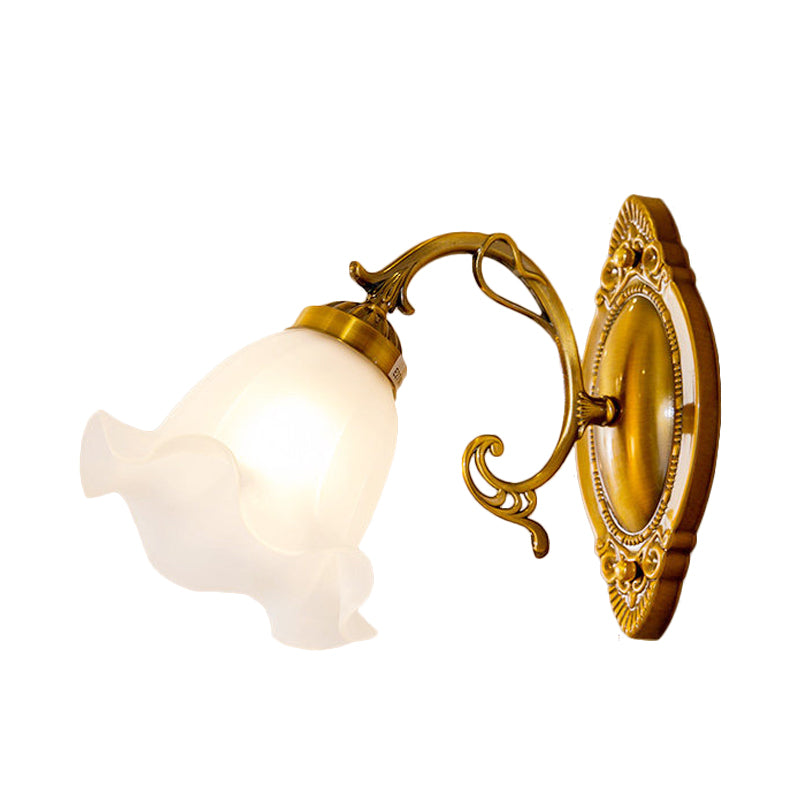 1 Light Opal Glass Wall Lighting Idea Traditional Brass/Bronze Finish Flower Indoor Wall Mount Lamp Clearhalo 'Wall Lamps & Sconces' 'Wall Lights' Lighting' 810097