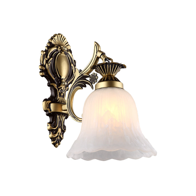 Cream Glass Floral-Shape Wall Mount Lamp Vintage 1/2 Heads Indoor Wall Light Fixture in Bronze Clearhalo 'Wall Lamps & Sconces' 'Wall Lights' Lighting' 810105