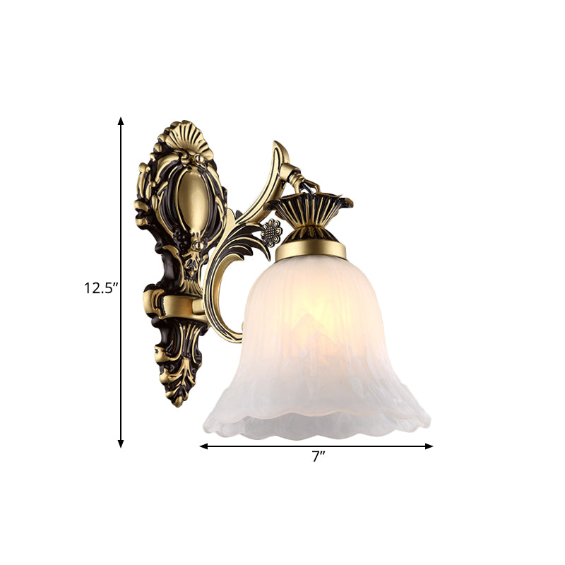 Cream Glass Floral-Shape Wall Mount Lamp Vintage 1/2 Heads Indoor Wall Light Fixture in Bronze Clearhalo 'Wall Lamps & Sconces' 'Wall Lights' Lighting' 810106