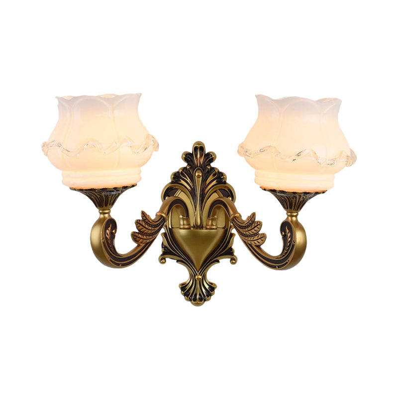 Vintage Curved Arm Wall Lighting Idea 1/2-Bulb Metallic Wall Mounted Lamp in Brass with Flower Milk Glass Shade Clearhalo 'Wall Lamps & Sconces' 'Wall Lights' Lighting' 810185