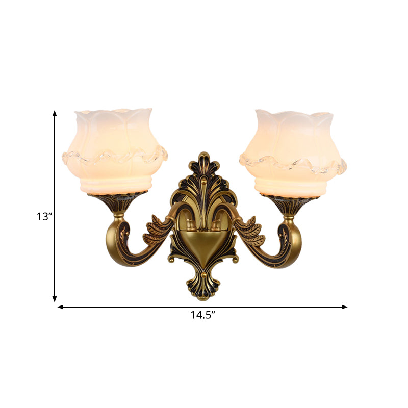 Vintage Curved Arm Wall Lighting Idea 1/2-Bulb Metallic Wall Mounted Lamp in Brass with Flower Milk Glass Shade Clearhalo 'Wall Lamps & Sconces' 'Wall Lights' Lighting' 810186