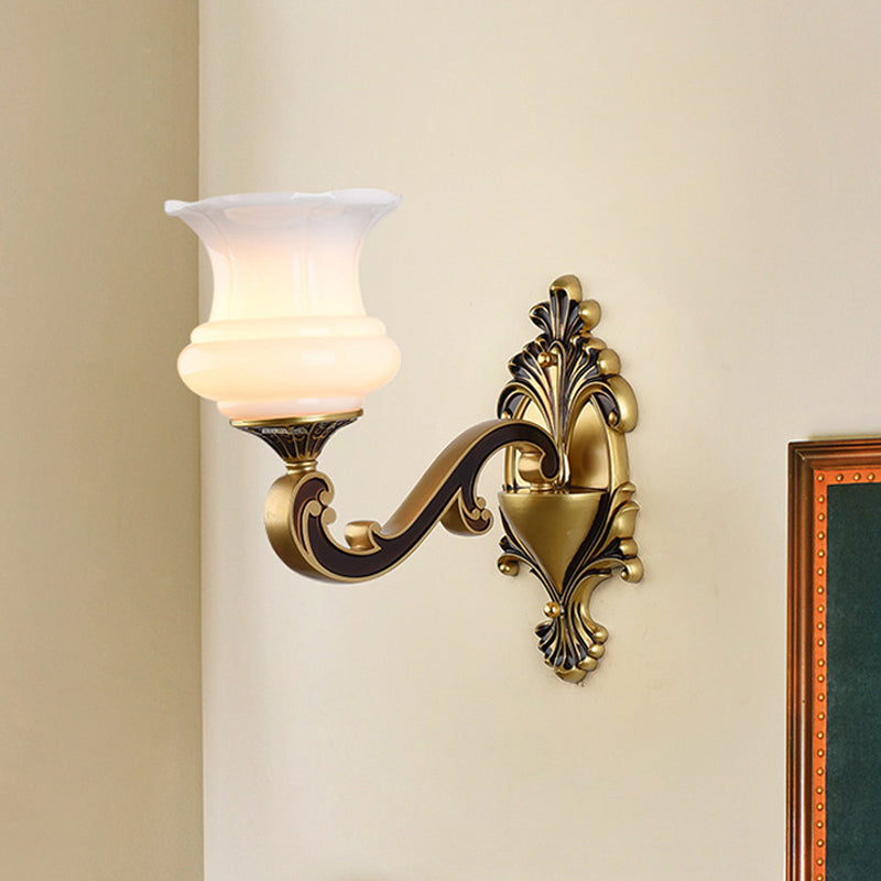 Vintage Curved Arm Wall Lighting Idea 1/2-Bulb Metallic Wall Mounted Lamp in Brass with Flower Milk Glass Shade Clearhalo 'Wall Lamps & Sconces' 'Wall Lights' Lighting' 810188