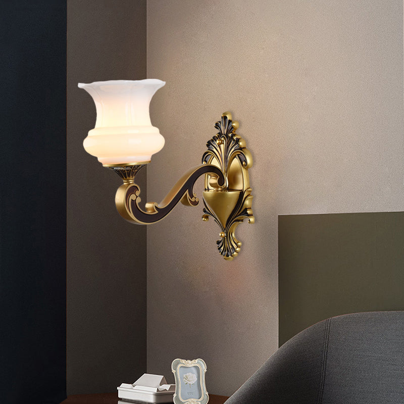 Vintage Curved Arm Wall Lighting Idea 1/2-Bulb Metallic Wall Mounted Lamp in Brass with Flower Milk Glass Shade Clearhalo 'Wall Lamps & Sconces' 'Wall Lights' Lighting' 810189