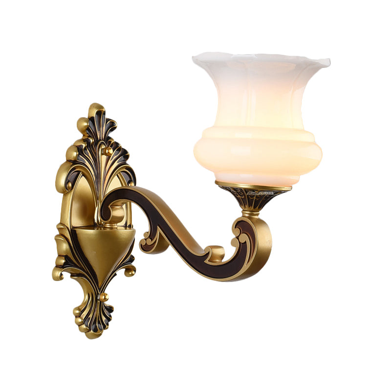 Vintage Curved Arm Wall Lighting Idea 1/2-Bulb Metallic Wall Mounted Lamp in Brass with Flower Milk Glass Shade Clearhalo 'Wall Lamps & Sconces' 'Wall Lights' Lighting' 810190