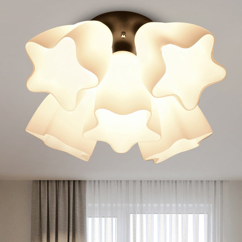 Star Semi Flush Mount Light Simple White Glass 3/5 Bulbs Bedroom Close to Ceiling Lighting Fixture 5 White Clearhalo 'Ceiling Lights' 'Close To Ceiling Lights' 'Close to ceiling' 'Glass shade' 'Glass' 'Pendant Lights' 'Semi-flushmount' Lighting' 810301