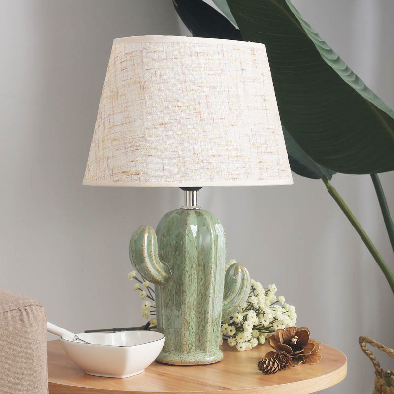 Porcelain Cactus Shape Table Light Contemporary 1 Head Green Nightstand Lamp with Fabric Shade for Bedside Green Clearhalo 'Lamps' 'Table Lamps' Lighting' 810499