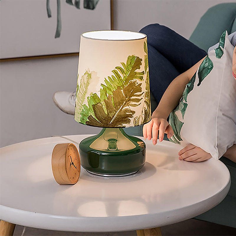 Nordic Barrel Night Lamp Fabric Single Head Bedroom Table Light with Leaves Pattern in Green Green Clearhalo 'Lamps' 'Table Lamps' Lighting' 810535