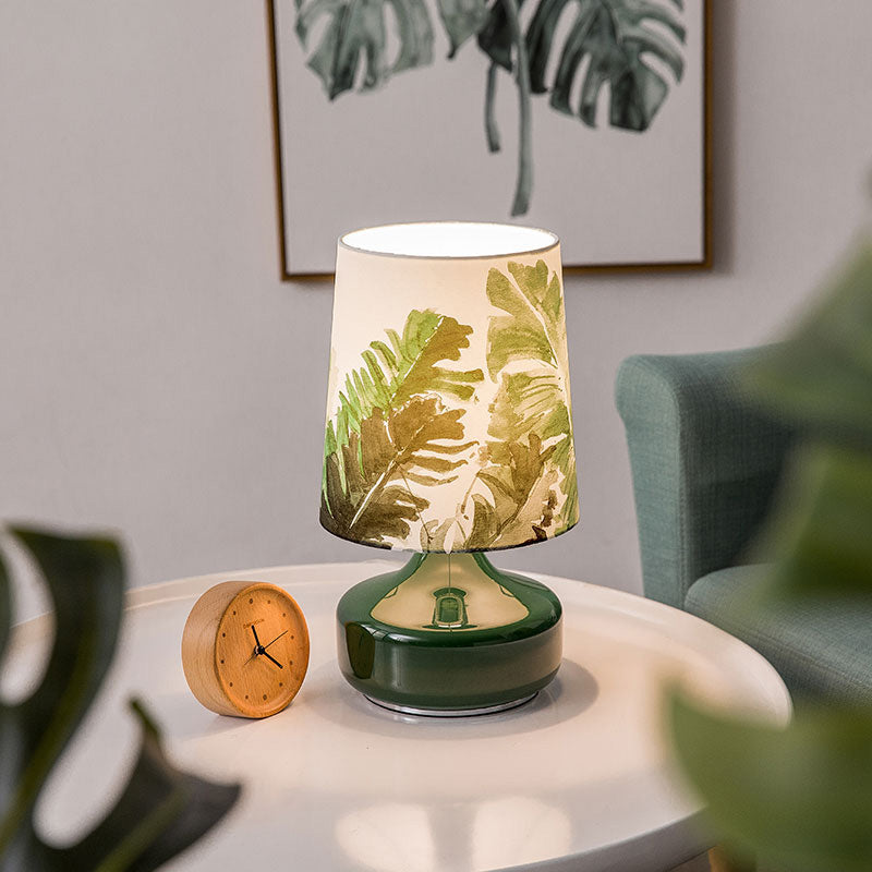 Nordic Barrel Night Lamp Fabric Single Head Bedroom Table Light with Leaves Pattern in Green Clearhalo 'Lamps' 'Table Lamps' Lighting' 810536