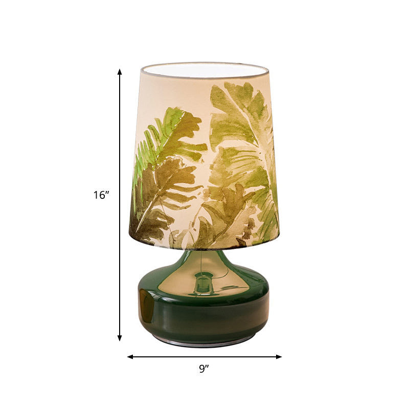 Nordic Barrel Night Lamp Fabric Single Head Bedroom Table Light with Leaves Pattern in Green Clearhalo 'Lamps' 'Table Lamps' Lighting' 810538