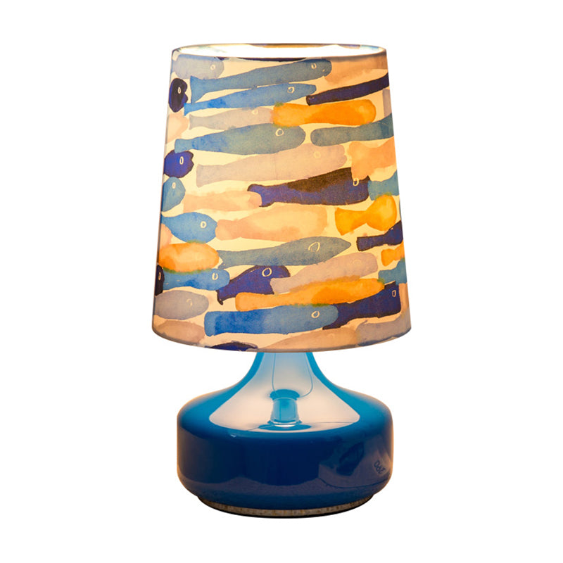 Barrel Table Lamp Kids Fabric 1 Bulb Dark Blue Reading Book Light with Fish School Pattern for Bedside Clearhalo 'Lamps' 'Table Lamps' Lighting' 810541