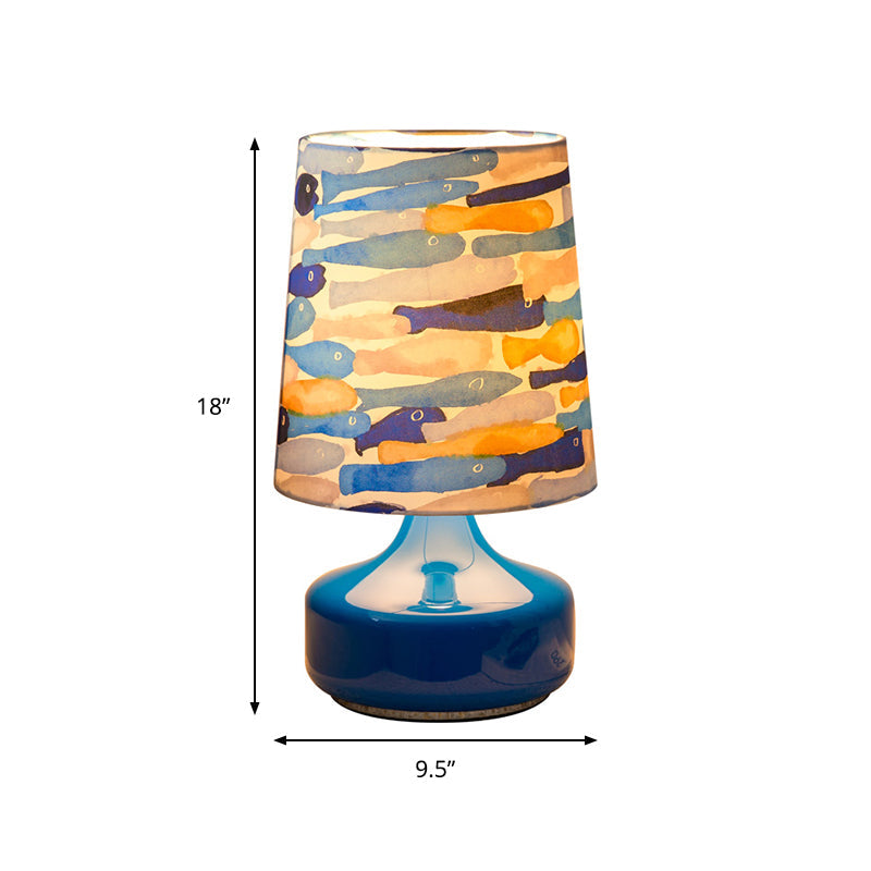 Barrel Table Lamp Kids Fabric 1 Bulb Dark Blue Reading Book Light with Fish School Pattern for Bedside Clearhalo 'Lamps' 'Table Lamps' Lighting' 810542