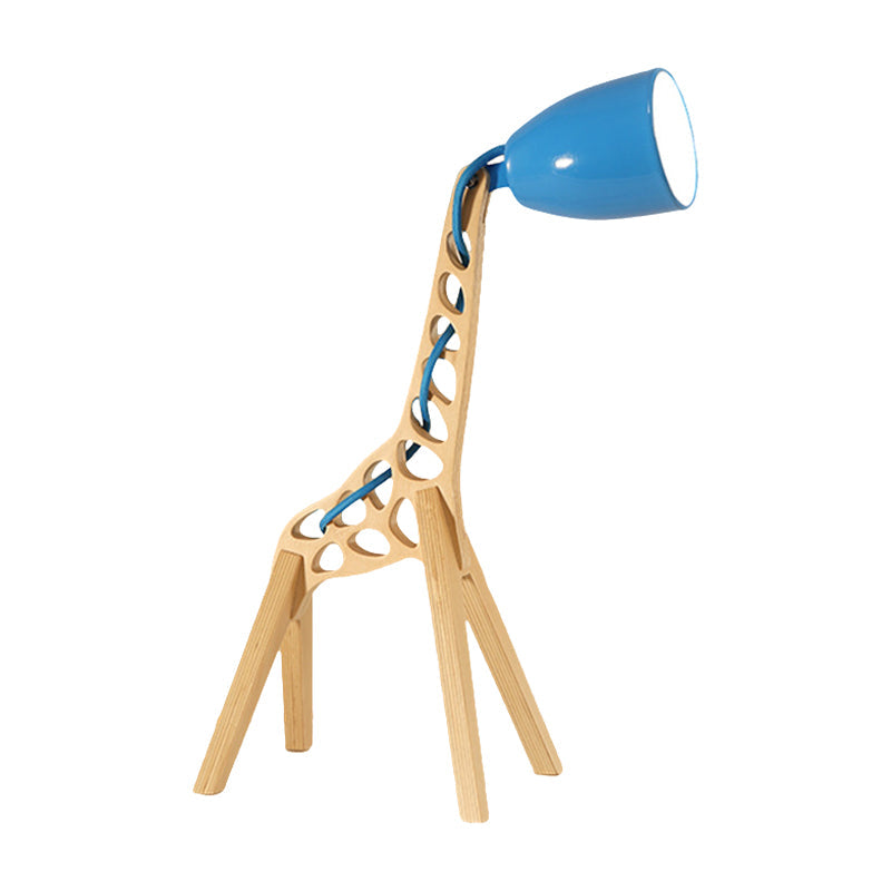 Cartoon Bell Night Light Metal 1-Light Bedroom Table Lamp in Blue/Red/Green with Standing Giraffe Wood Base Clearhalo 'Lamps' 'Table Lamps' Lighting' 810628