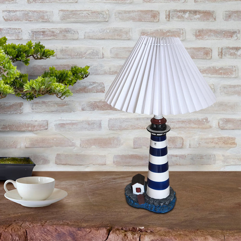 Lighthouse Shape Table Light Cartoon Resin 1 Light White and Black Night Lamp with Pleated Fabric Shade Clearhalo 'Lamps' 'Table Lamps' Lighting' 810651