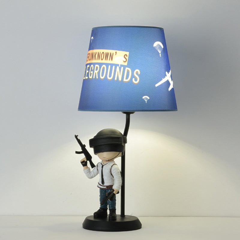 Barrel Night Light Kids Fabric 1 Head Blue Table Lamp for Bedroom with Squatting/Standing Soldier Decoration Blue A Clearhalo 'Lamps' 'Table Lamps' Lighting' 810740