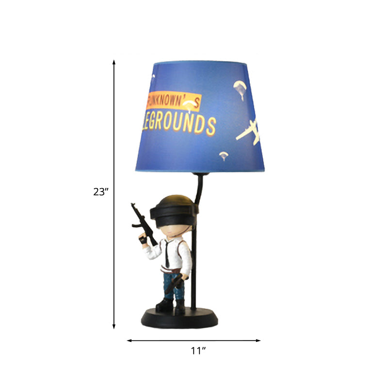 Barrel Night Light Kids Fabric 1 Head Blue Table Lamp for Bedroom with Squatting/Standing Soldier Decoration Clearhalo 'Lamps' 'Table Lamps' Lighting' 810743