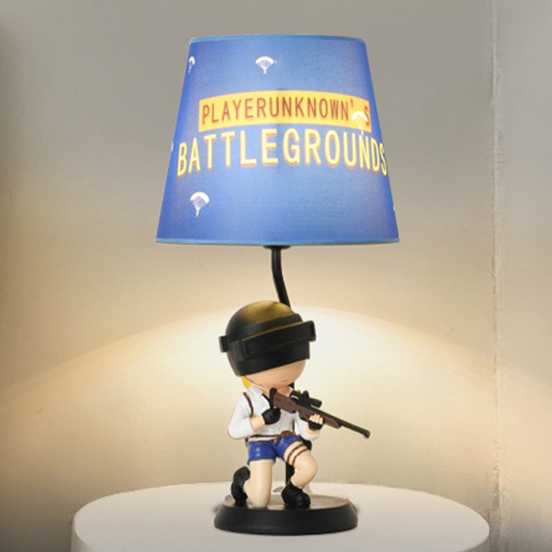 Barrel Night Light Kids Fabric 1 Head Blue Table Lamp for Bedroom with Squatting/Standing Soldier Decoration Blue B Clearhalo 'Lamps' 'Table Lamps' Lighting' 810744