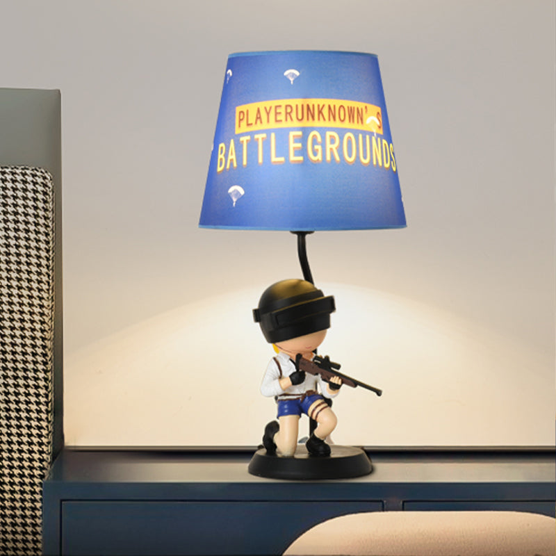 Barrel Night Light Kids Fabric 1 Head Blue Table Lamp for Bedroom with Squatting/Standing Soldier Decoration Clearhalo 'Lamps' 'Table Lamps' Lighting' 810746