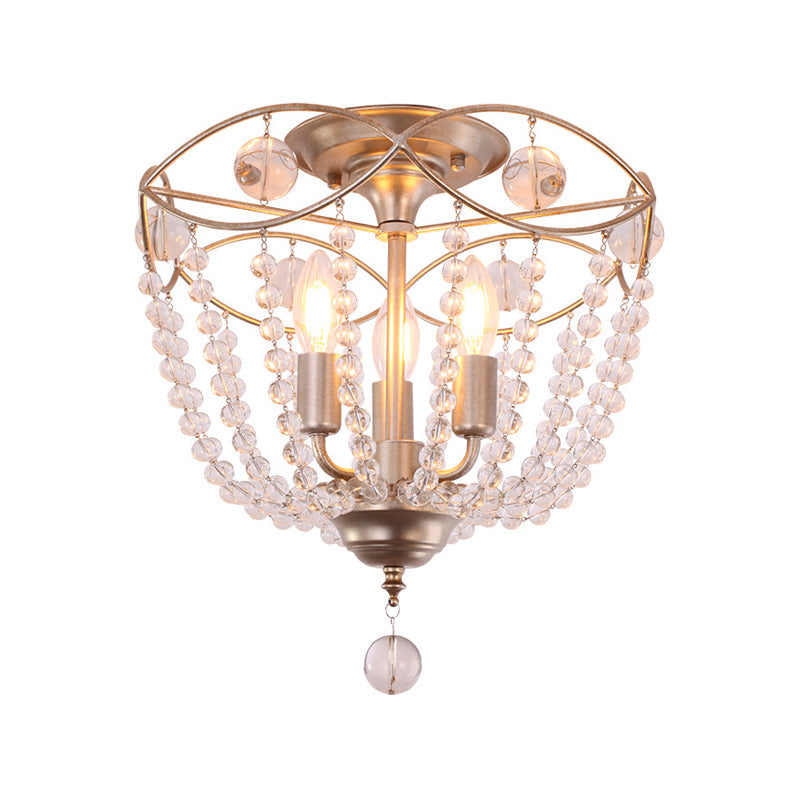 Rustic Basket Semi Flush Light Fixture 3-Light Crystal Strand Ceiling Mount in Gold for Bedroom Clearhalo 'Ceiling Lights' 'Close To Ceiling Lights' 'Close to ceiling' 'Semi-flushmount' Lighting' 812291