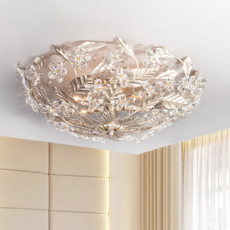 Leaf Corridor Semi Mount Lighting Modernist Flower Crystal 2 Lights Aged Silver Ceiling Mounted Fixture Aged Silver Clearhalo 'Ceiling Lights' 'Close To Ceiling Lights' 'Close to ceiling' 'Semi-flushmount' Lighting' 812309