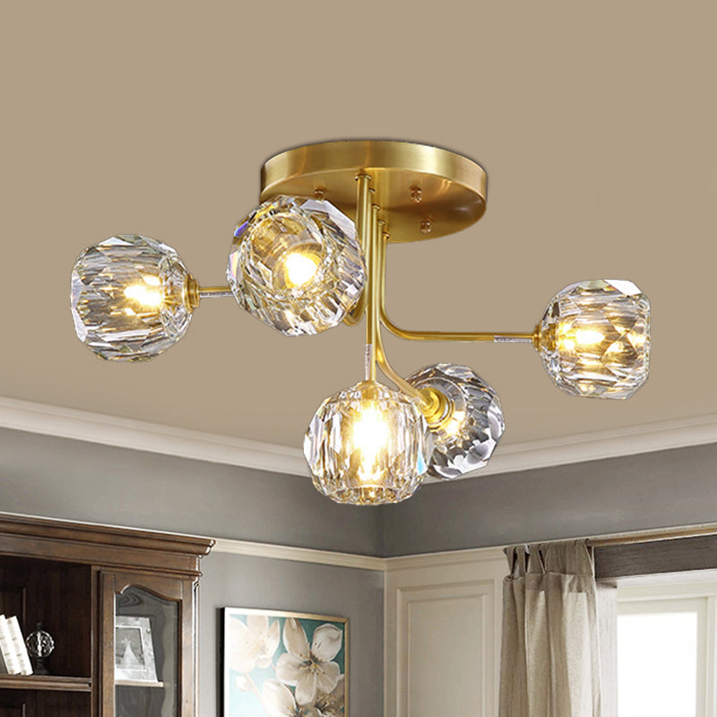 Modern Ball Semi Flush Light 3/5-Light Clear Crystal Ceiling Lighting in Gold with Sputnik Design 5 Gold Clearhalo 'Ceiling Lights' 'Close To Ceiling Lights' 'Close to ceiling' 'Semi-flushmount' Lighting' 812363