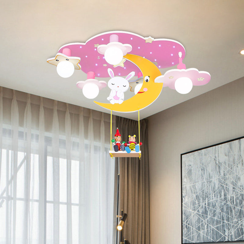 Wood Starry Sky Semi Flush Lamp Cartoon 5 Heads Pink/Blue and Yellow Flush Ceiling Light with Rabbit Deco Pink Clearhalo 'Ceiling Lights' 'Close To Ceiling Lights' 'Close to ceiling' 'Semi-flushmount' Lighting' 813205