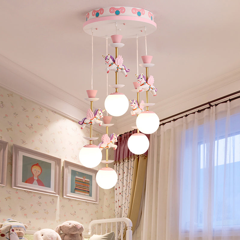 Globe Bedroom Hanging Ceiling Light Glass 3/5 Heads Cartoon Cluster Pendant in Pink/Blue 5 Pink Clearhalo 'Ceiling Lights' 'Glass shade' 'Glass' 'Pendant Lights' 'Pendants' Lighting' 813677