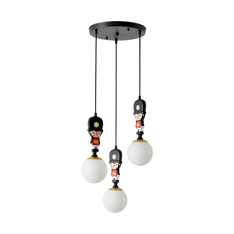 Globe Hanging Light Kit Cartoon Glass 3 Heads Black Muti Light Pendant with Soldier Decoration Clearhalo 'Ceiling Lights' 'Glass shade' 'Glass' 'Pendant Lights' 'Pendants' Lighting' 813692