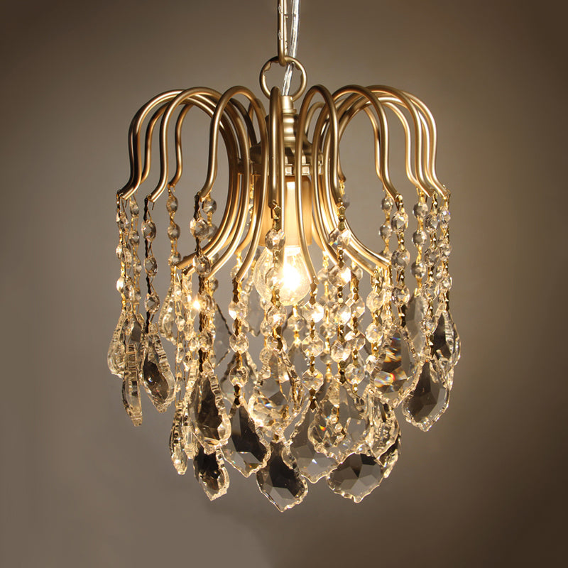 Antiqued Gold 1 Bulb Pendant Lighting Countryside Crystal Draped Hanging Ceiling Light Clearhalo 'Ceiling Lights' 'Pendant Lights' 'Pendants' Lighting' 813705